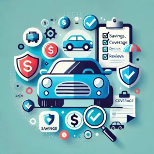 Car surrounded by icons for savings, coverage, and reviews.