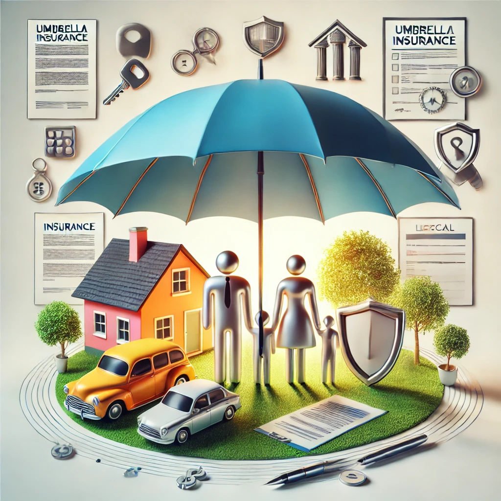 A conceptual illustration of umbrella insurance. The image features a large protective umbrella covering a family, a car, a house, and legal document